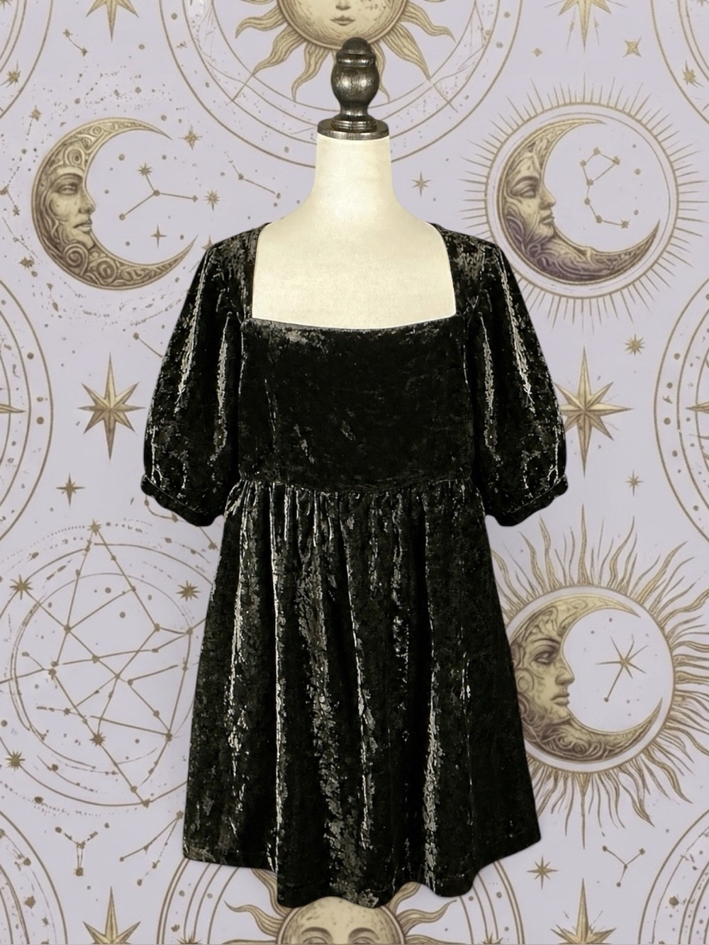 ModCloth Babydoll Dress Black Crushed Velvet Open Back Puff Sleeve Pockets 10